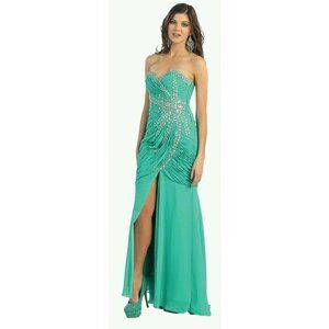 Mayqueen Strapless Sage Green Chiffon Gown with Slit & Rhinestones Size 4